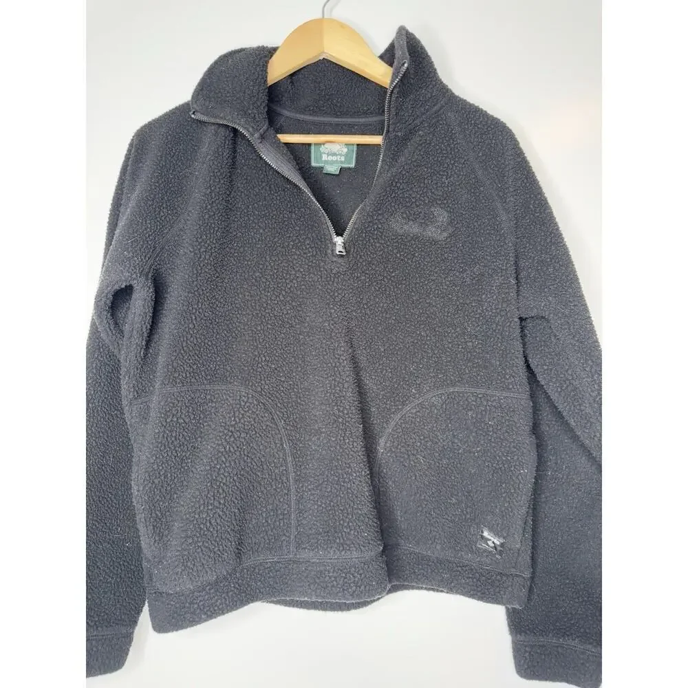 Roots Womens Shearling Sherpa Fleece 1/4 Quarter Zip Pullover Size Small Black